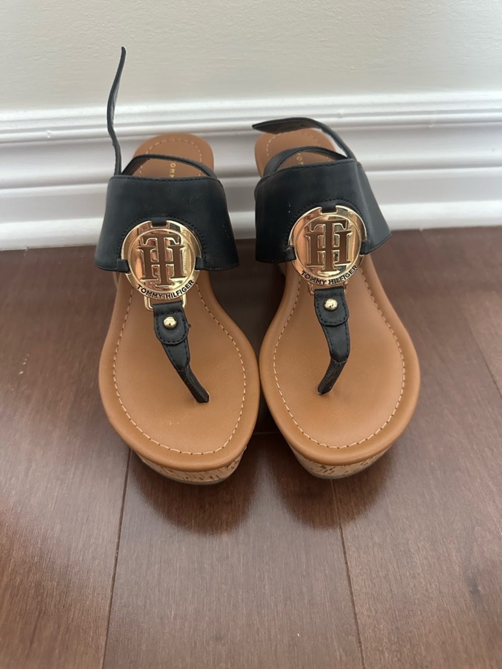 Tommy Hilfiger Black and Tan Logo T-Strap Sandals with Cork Detailing